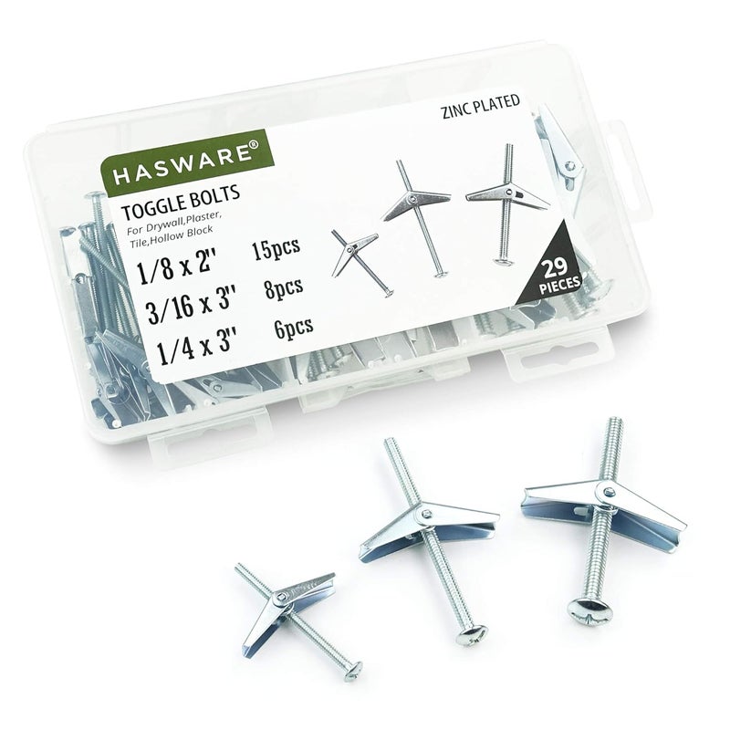 HASWARE Toggle Bolt 29 Pcs Zinc Plated Steel 1/8",3/16",1/4" and Wing Nut Assortment Kit for Hanging Heavy Items on Drywall - Image 1